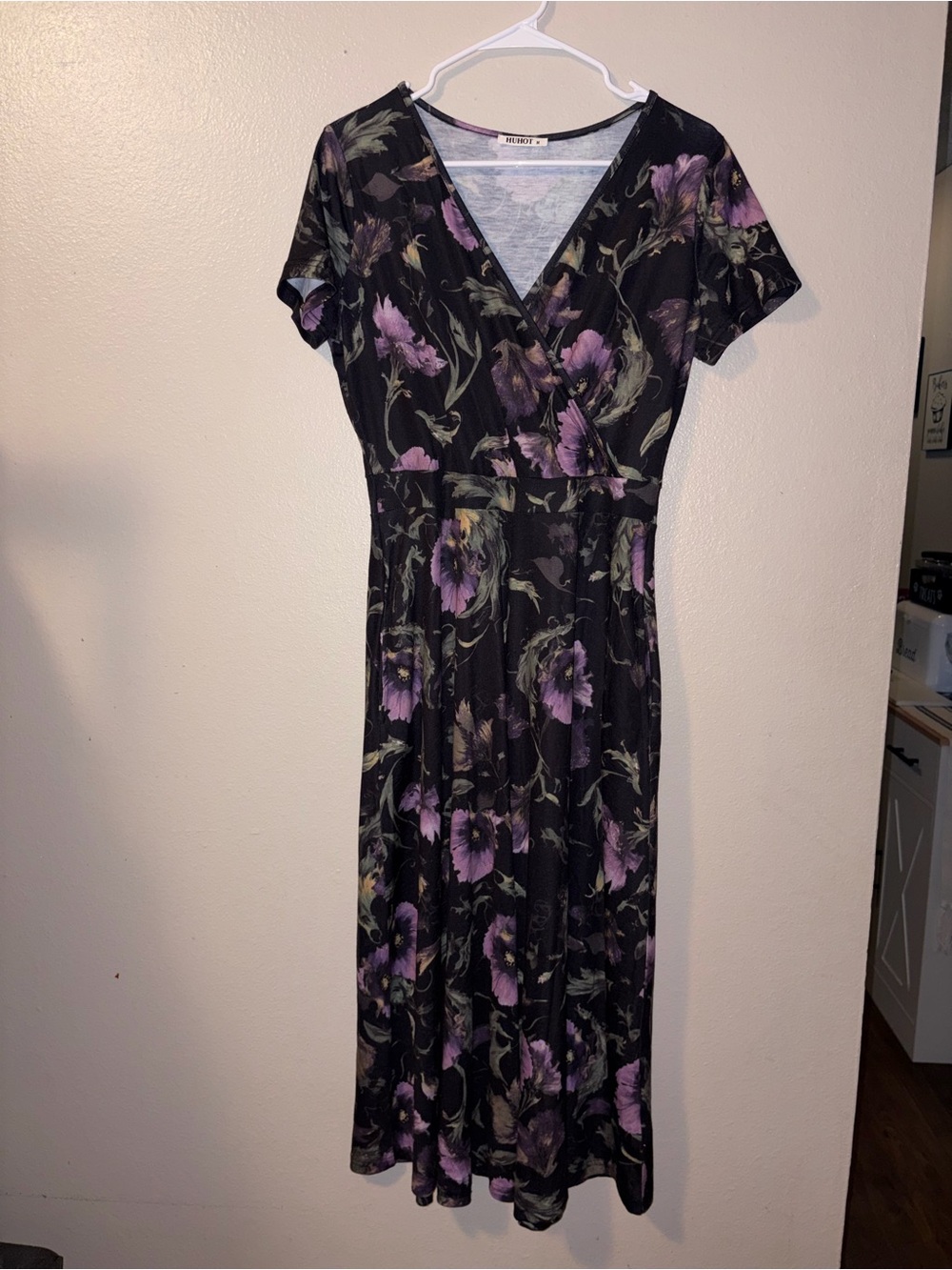 Ruched Floral Dress - Black with Purple Floral